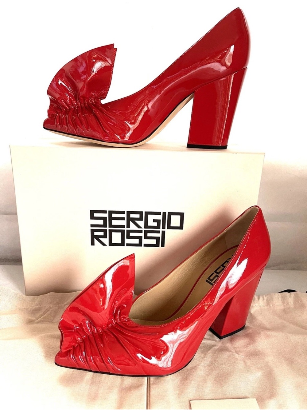 Sergio Rossi RARE Red Patent Leather Ruffle 090 Block Heel PointToe Pumps $1145